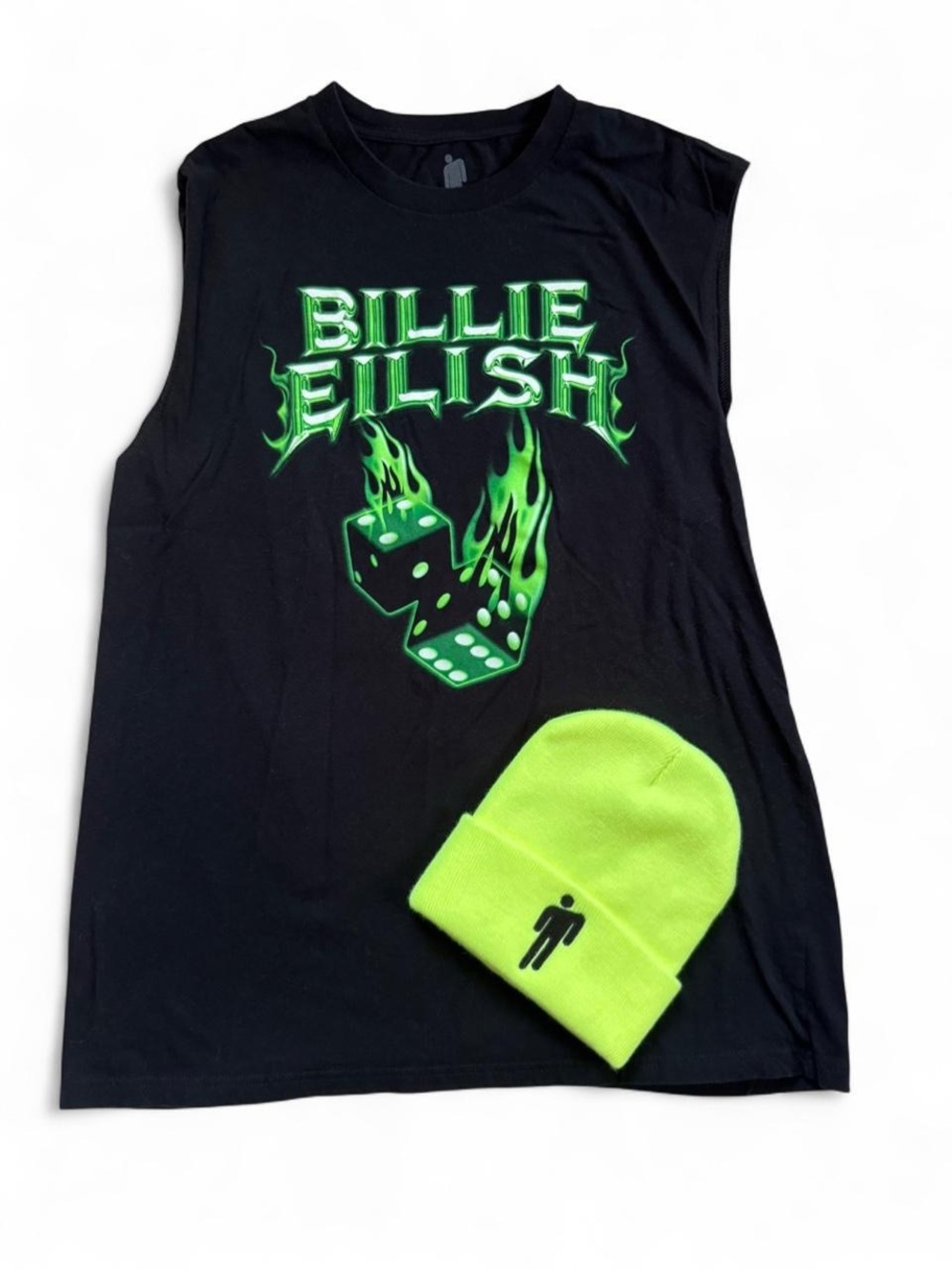 Billie Eilish 2019 Green Dice Sleeveless Muscle Merch tank top and beanie